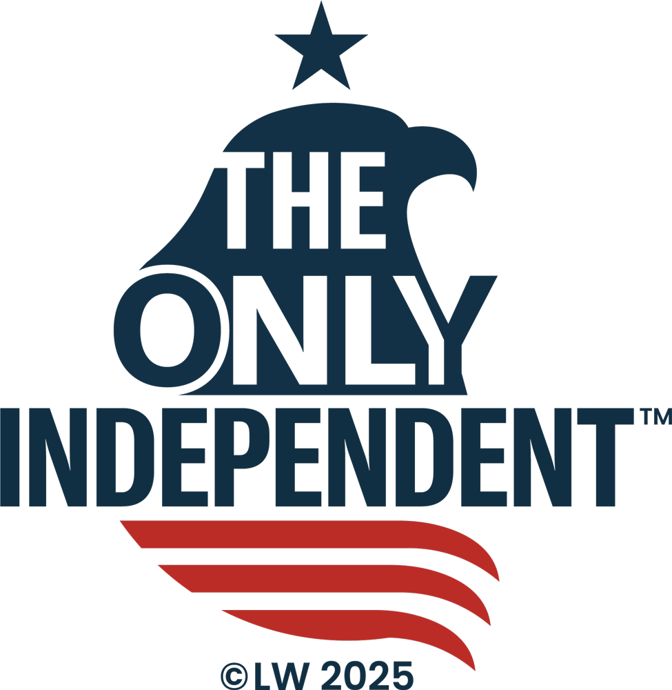 Logo of Lance Williams 2028 campaign with The Only Independent eagle emblem and patriotic red stripes